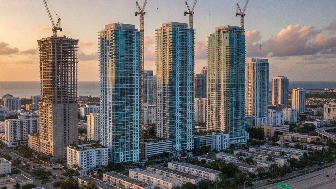 new construction cranes over Miami residential district with completed towers, afternoon