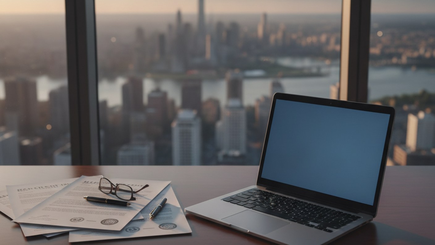 real estate documents and laptop with city view through window, office desk scene