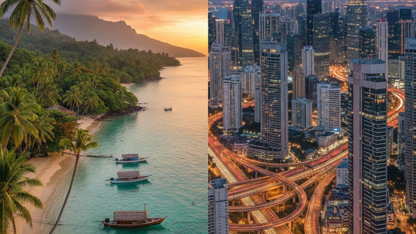 split composition of tropical waterfront and dense city skyline, editorial style