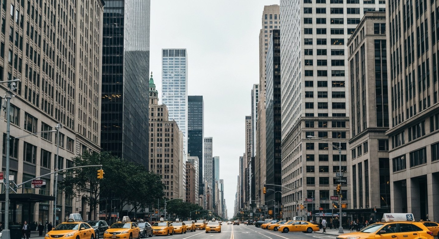Park Avenue corridor with corporate skyscrapers and yellow taxis, Manhattan, daytime