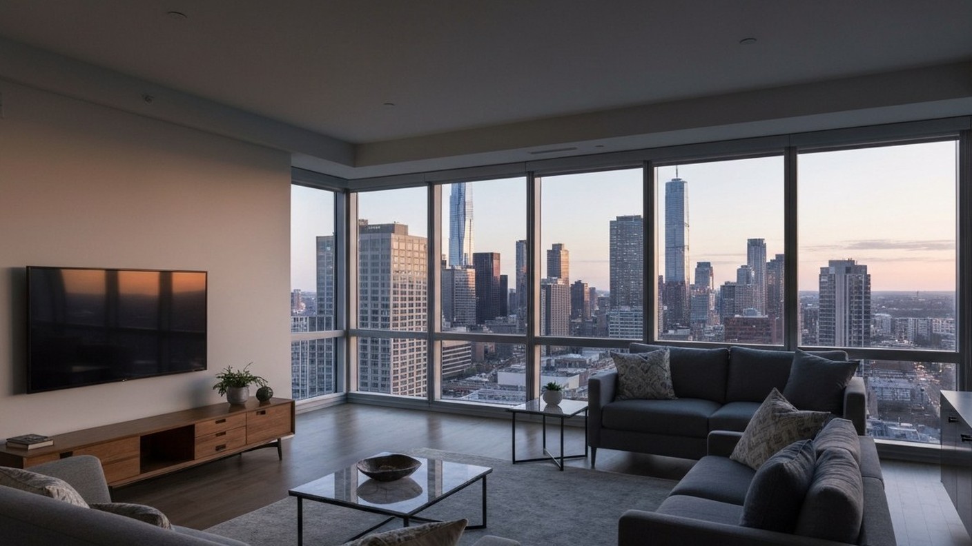 high floor apartment with city skyline view at dusk, modern interior