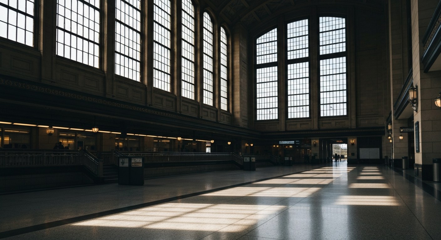 grand railway terminal main concourse with sunlight through tall windows