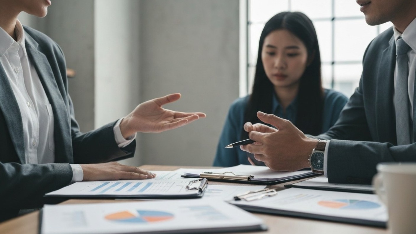 property investment discussion with charts and documents, corporate office setting
