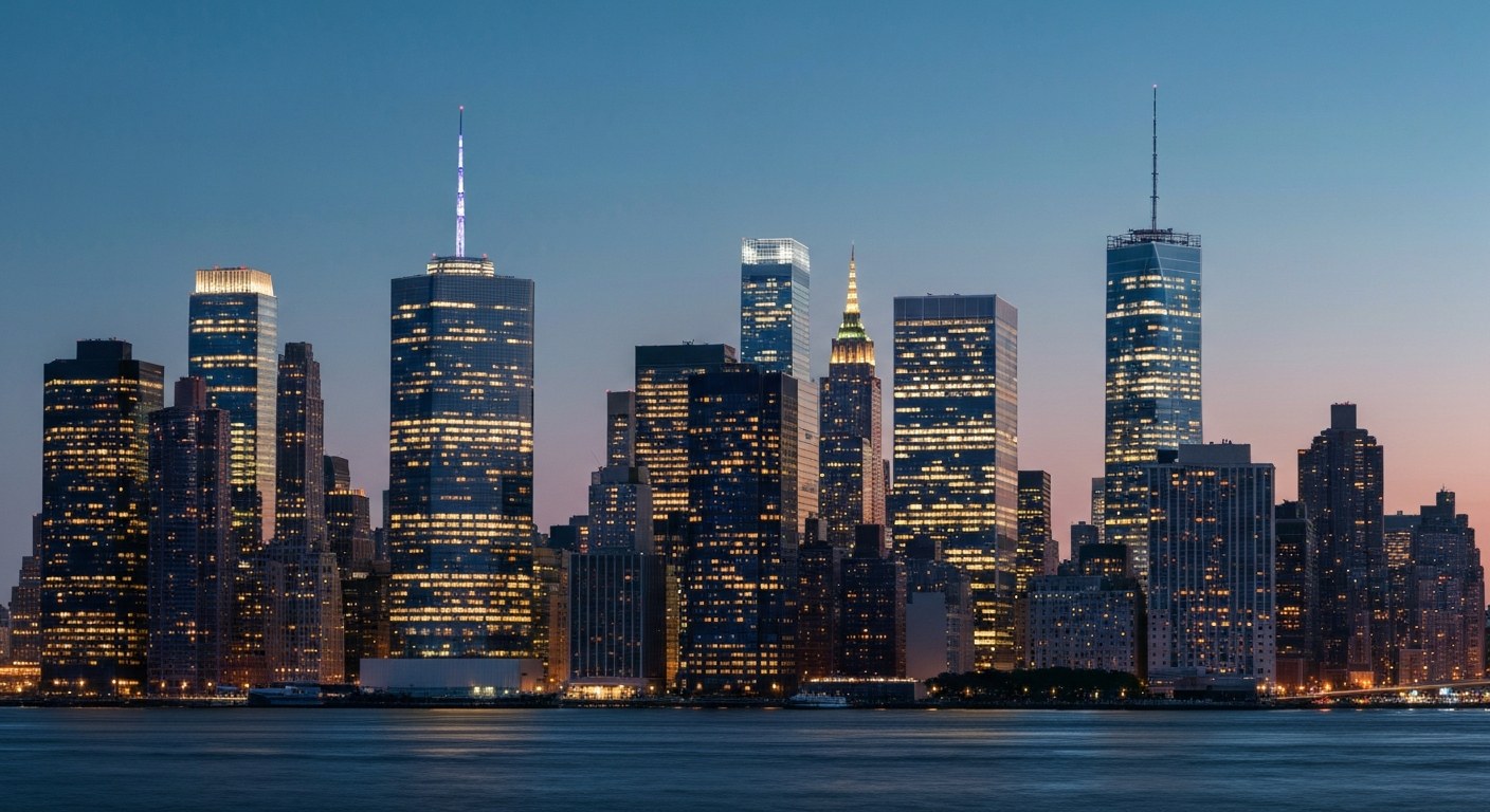 Manhattan midtown skyline at twilight with illuminated office towers