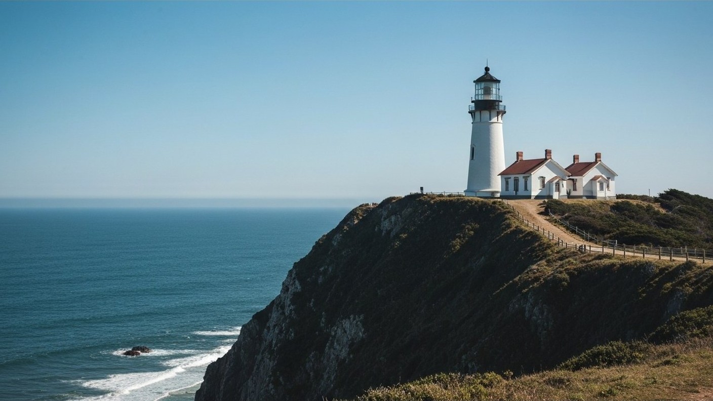 white lighthouse on a cliff overlooking the ocean, clear sky, coastal landscape