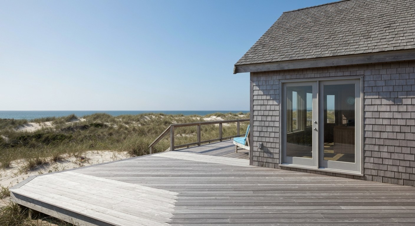 cedar shingle beach cottage with a deck overlooking dunes and ocean