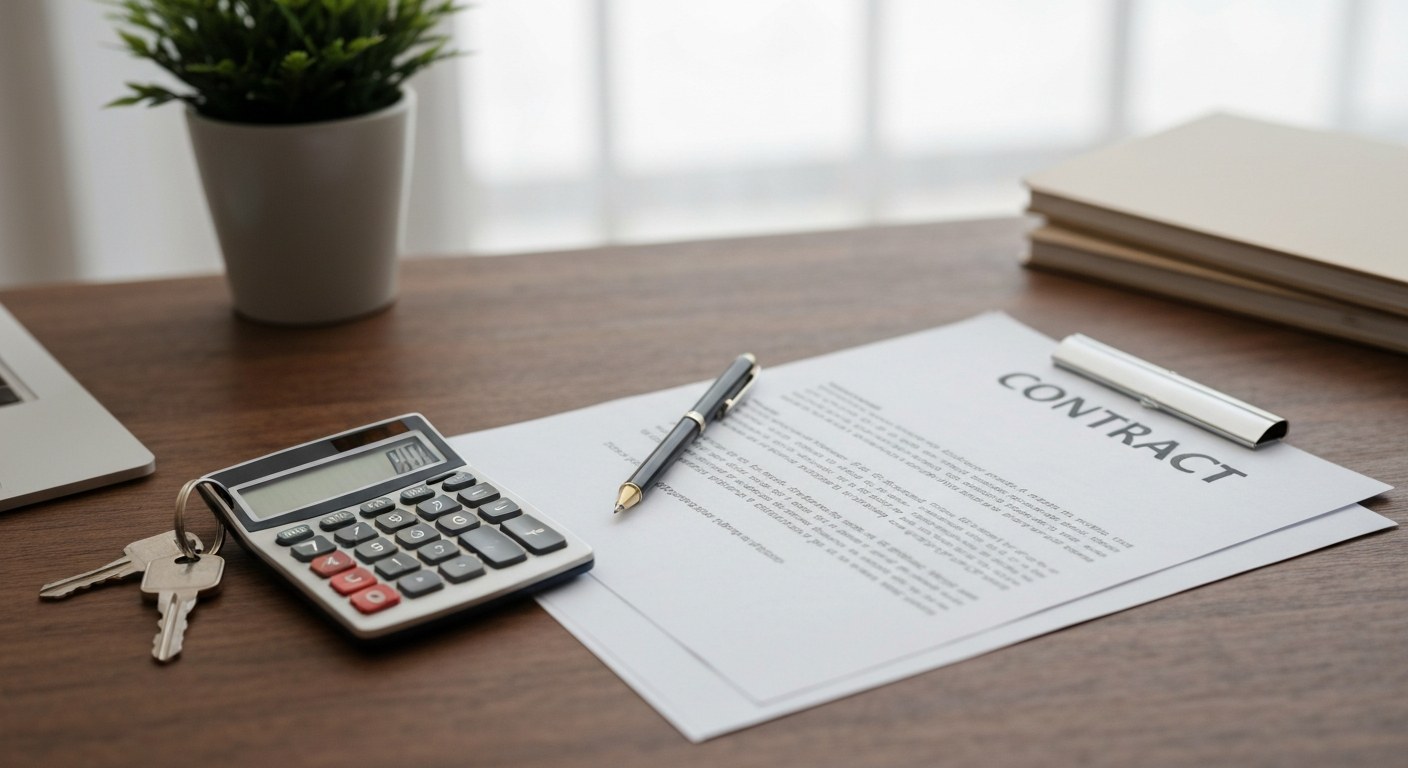 contract documents, calculator and house keys on a wooden desk
