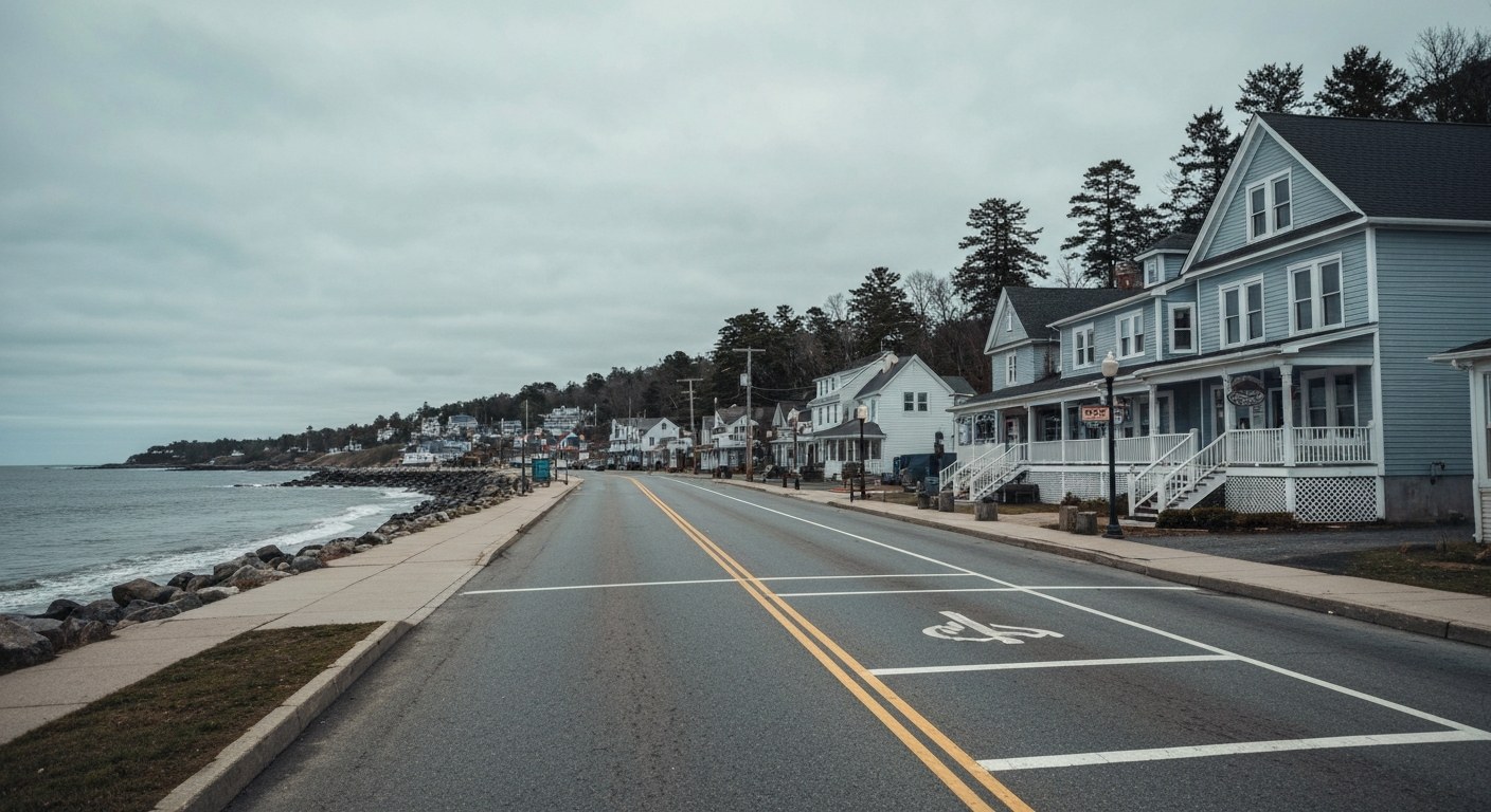 quiet coastal village main street in the off season, overcast day