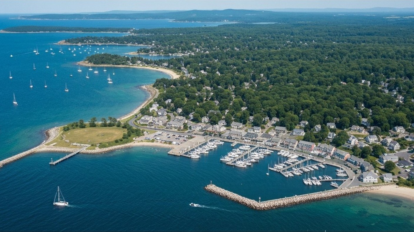 aerial view of a peninsula with harbor, boats and coastline, summer