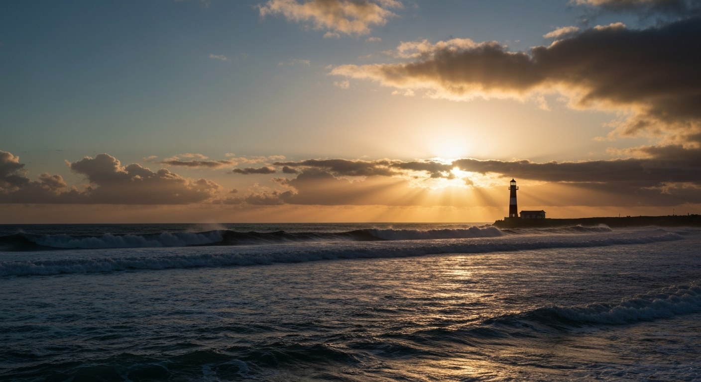 ocean waves and a lighthouse silhouette at sunset, dramatic sky