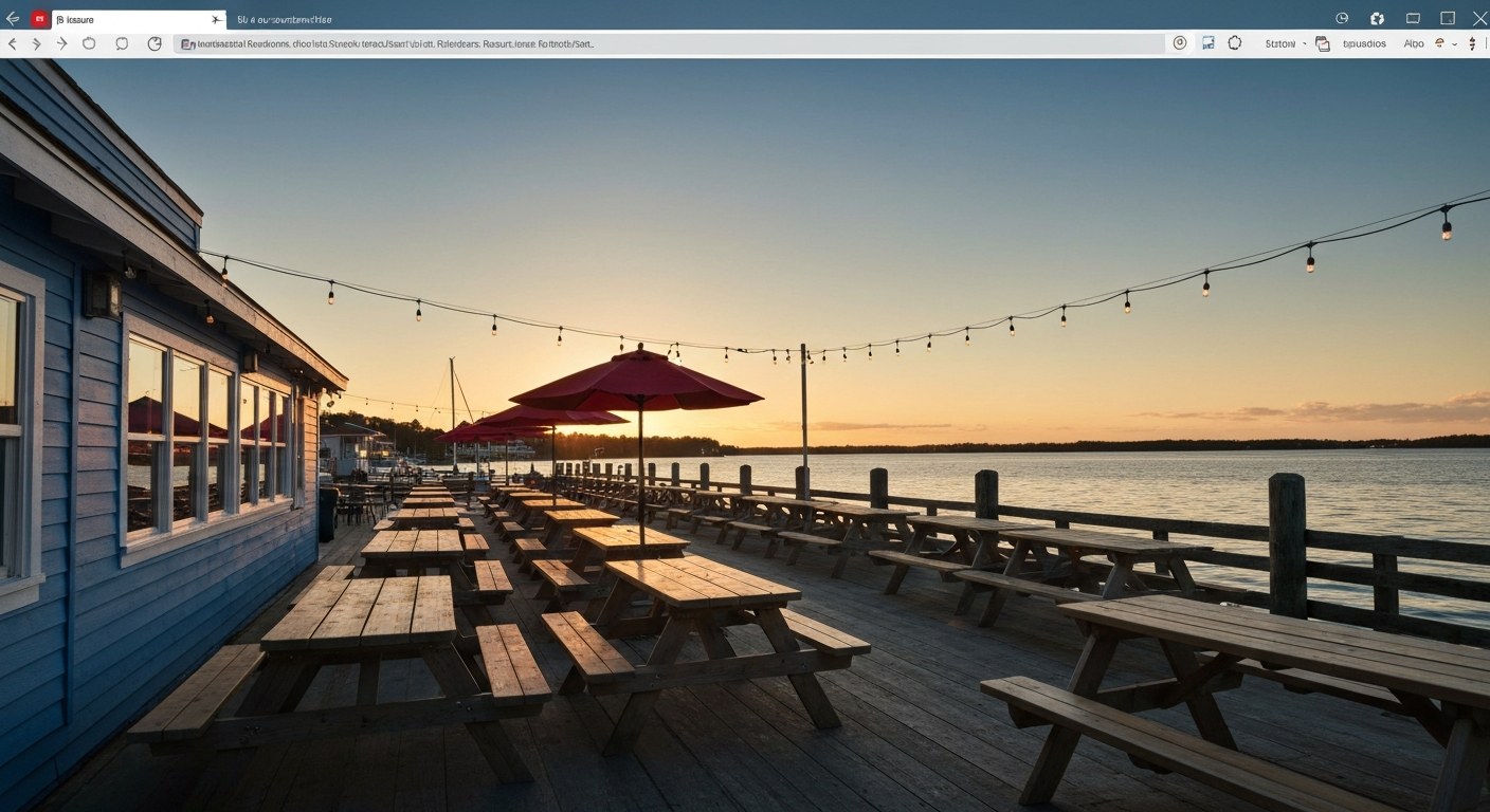 seafood shack with outdoor picnic tables by a harbor at sunset
