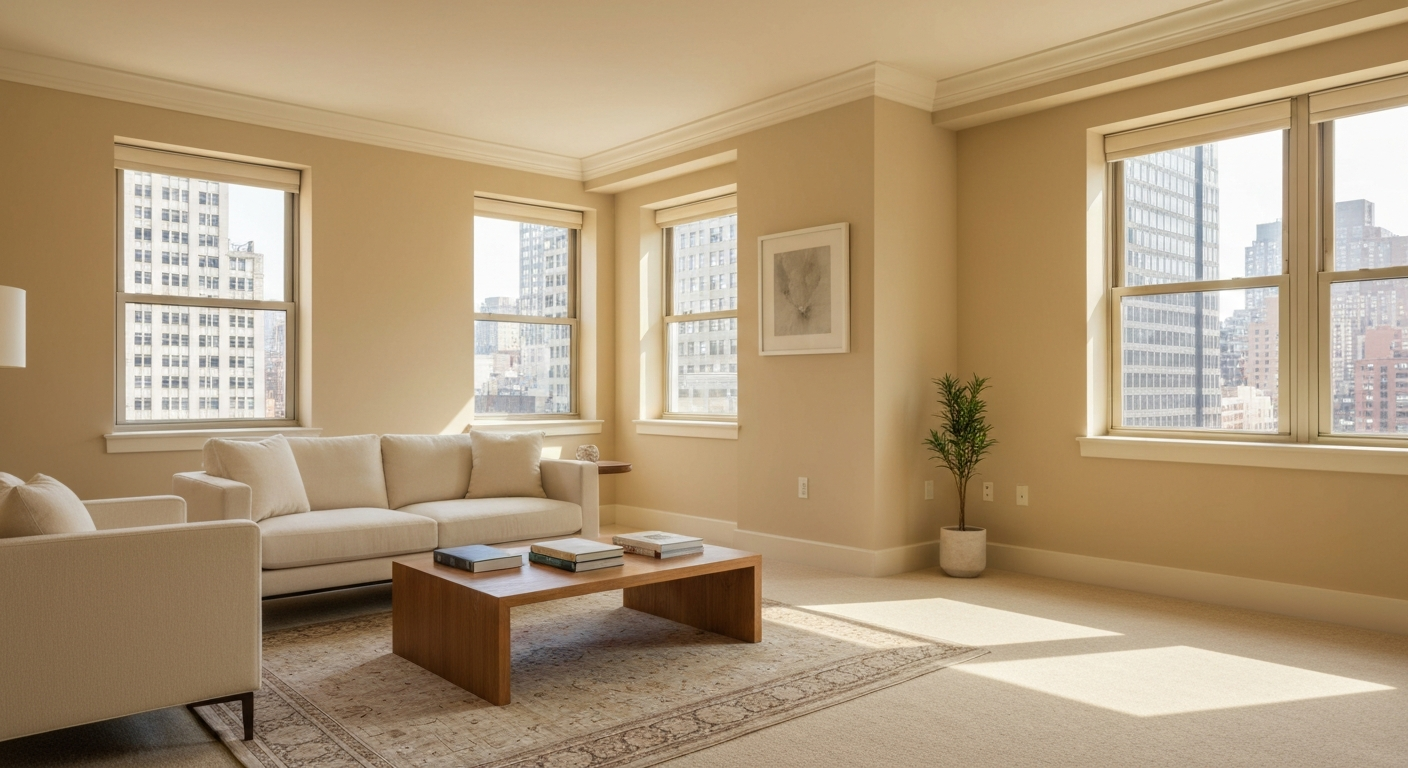 comfortable apartment interior with warm light and city view through windows