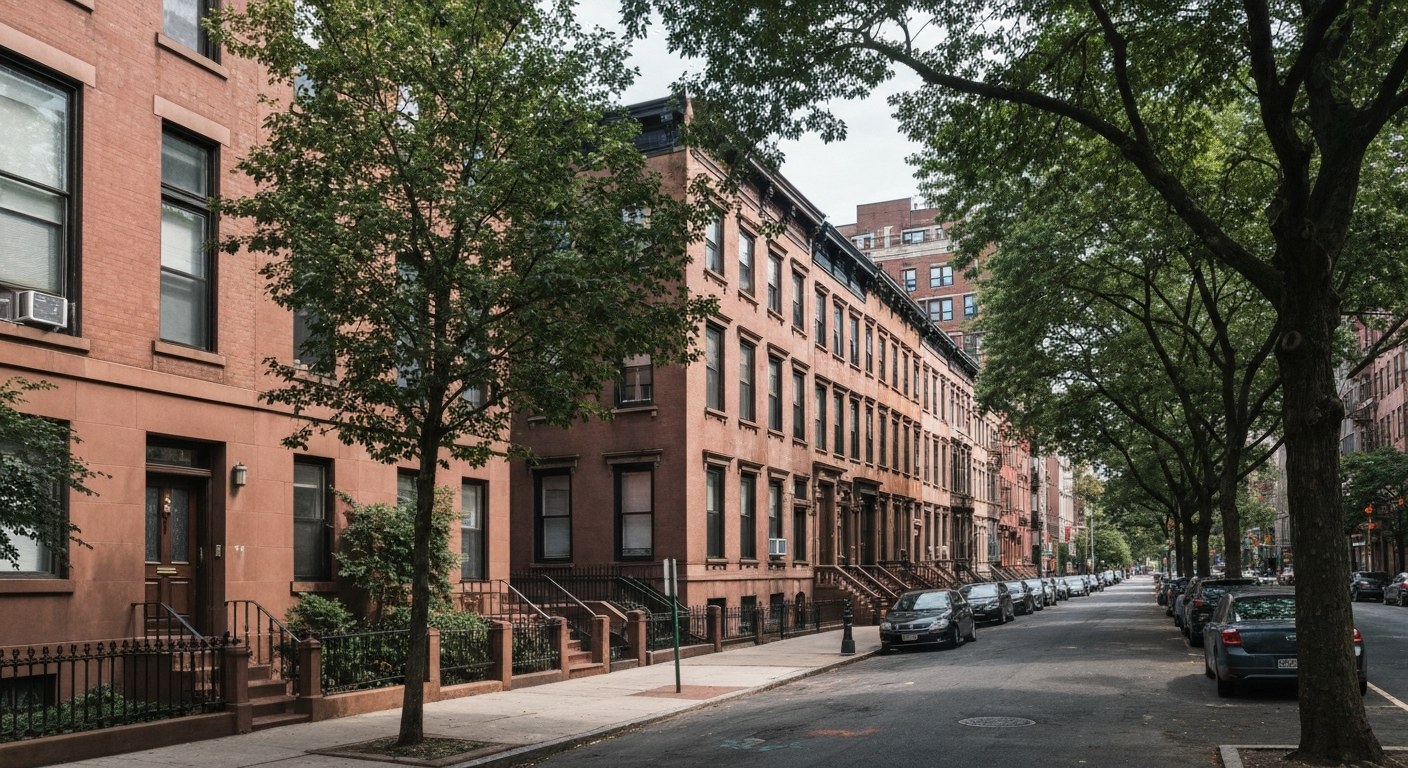 quiet Manhattan side street with brownstone townhouses and trees, daytime