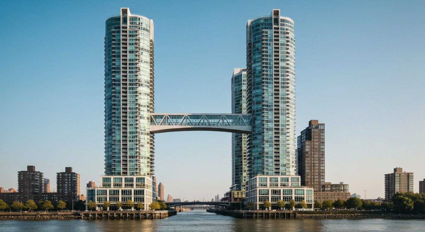 twin modern residential towers connected by a skybridge beside a river, New York
