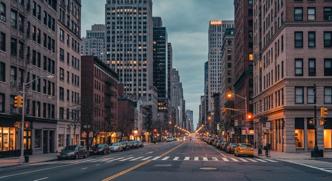 Manhattan midtown street at dusk with warm lights and residential buildings