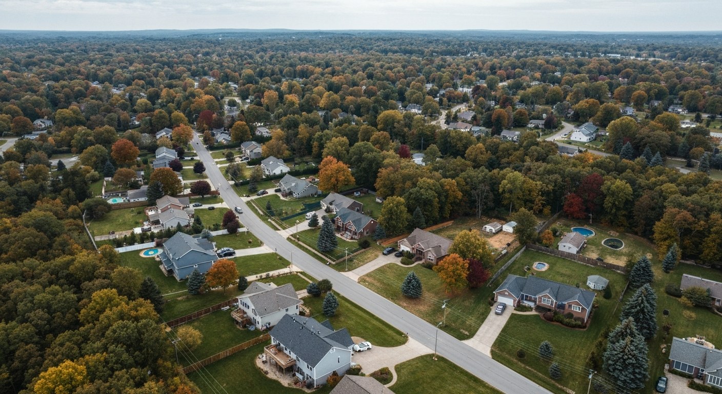 aerial view of a leafy suburban town with single family houses and winding roads, autumn