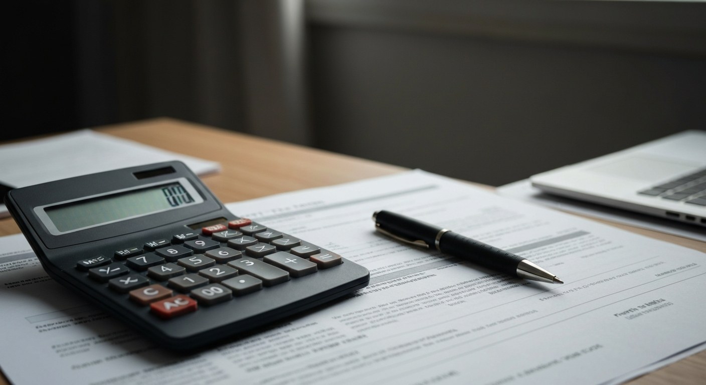 property tax documents and calculator on a desk with a pen, natural light