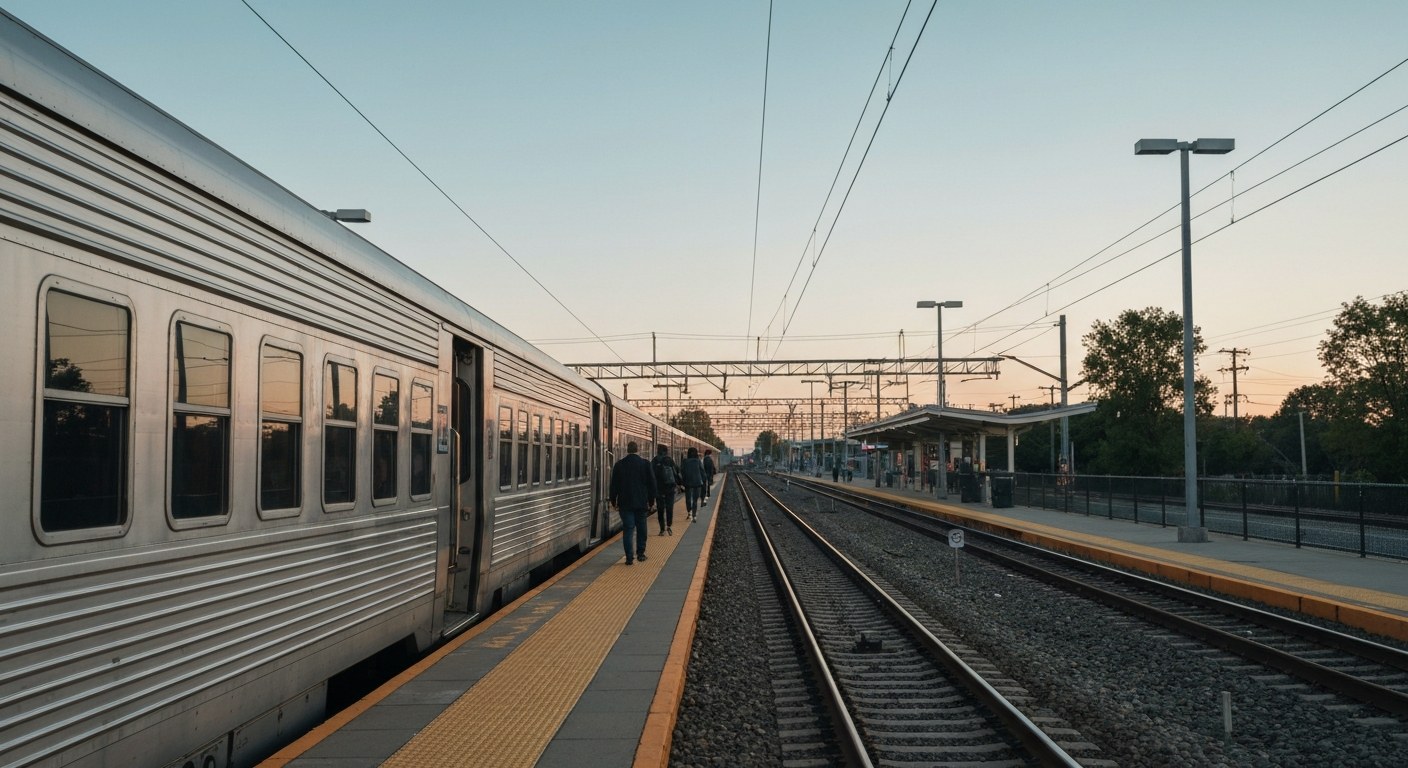 commuter railroad station platform with train and passengers boarding, early morning
