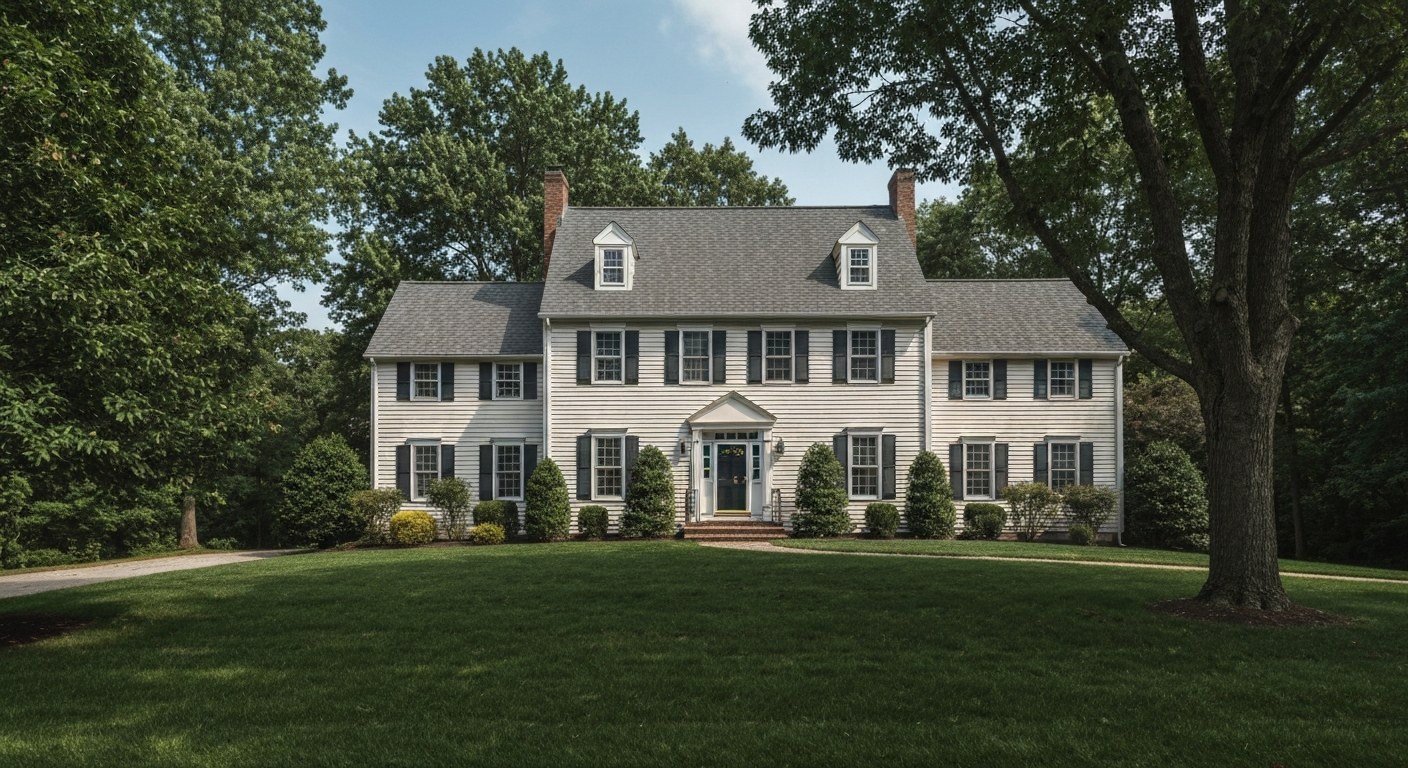 colonial style suburban house with front lawn and mature trees, clear sky