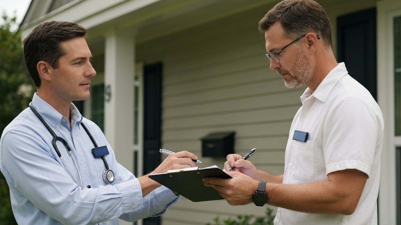 home inspector examining a house exterior with clipboard, residential setting