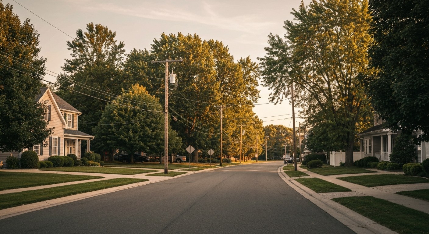 quiet suburban street with houses and trees at golden hour, wide view