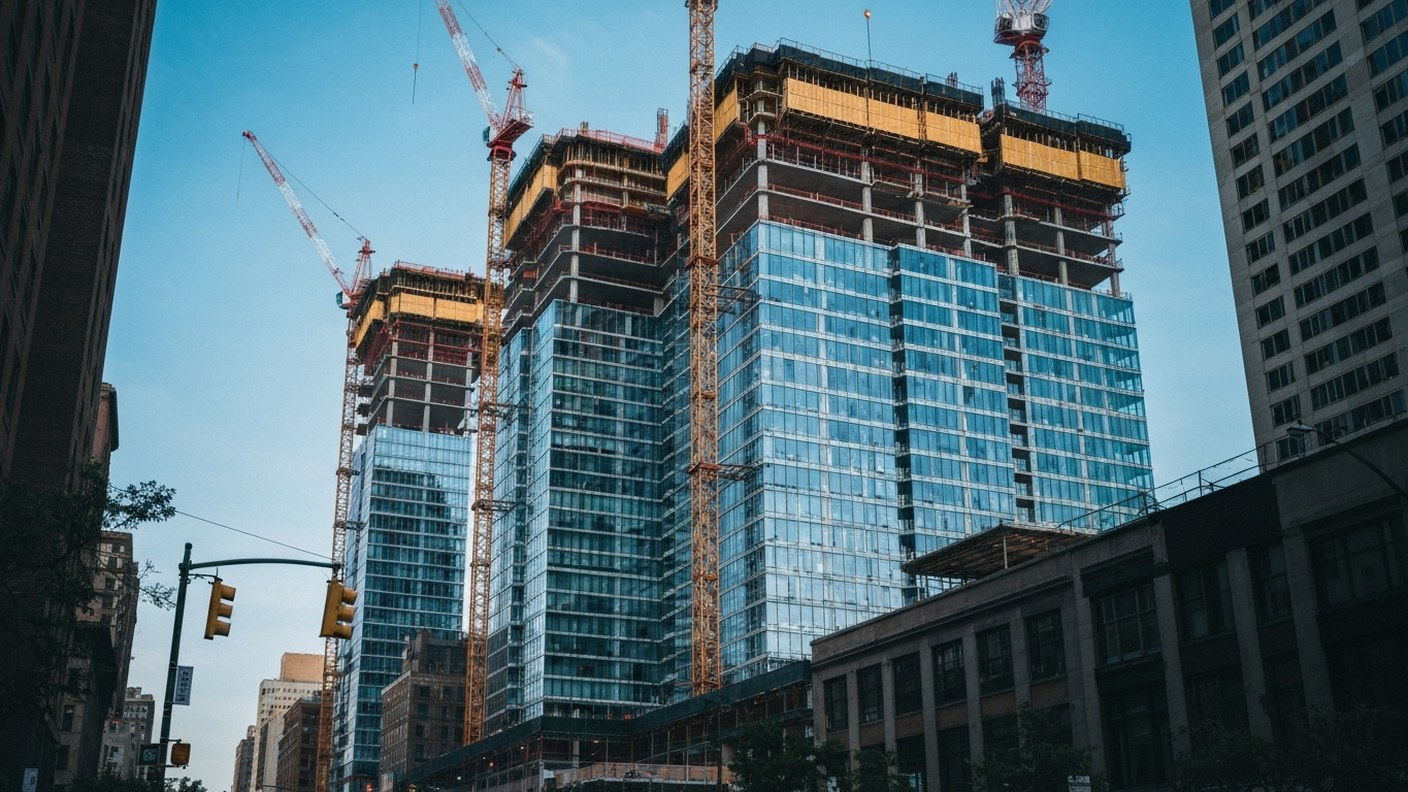 A brand new luxury condominium tower under construction with glass facade in Manhattan, cranes on to