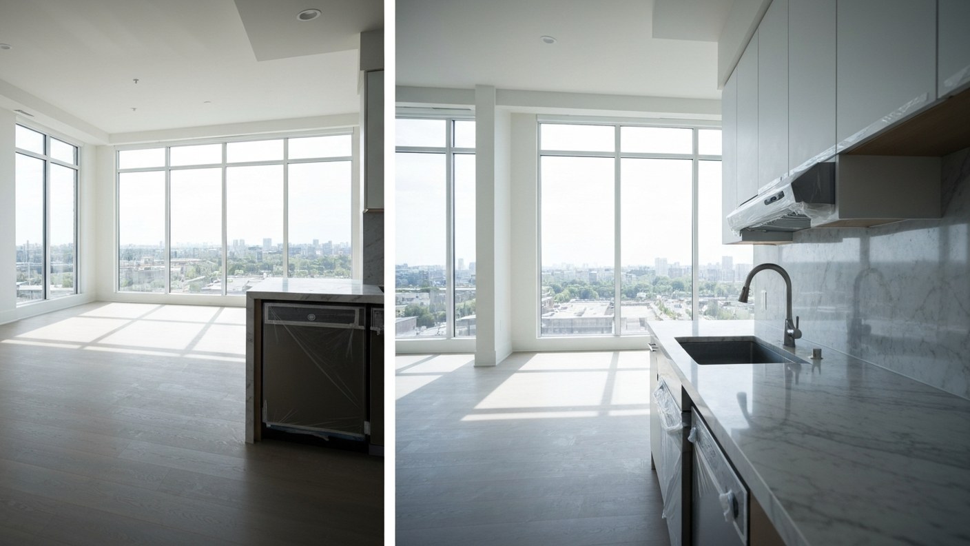 Split scene of a pristine empty new condo interior with plastic film on appliances, model kitchen wi