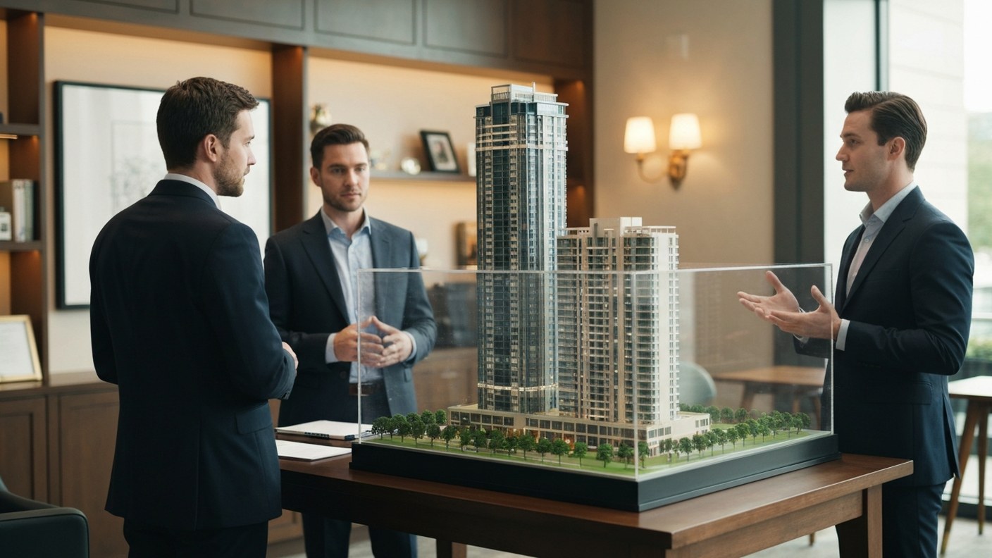 Business negotiation scene at a sales gallery of a new condominium development, scale model of a tow