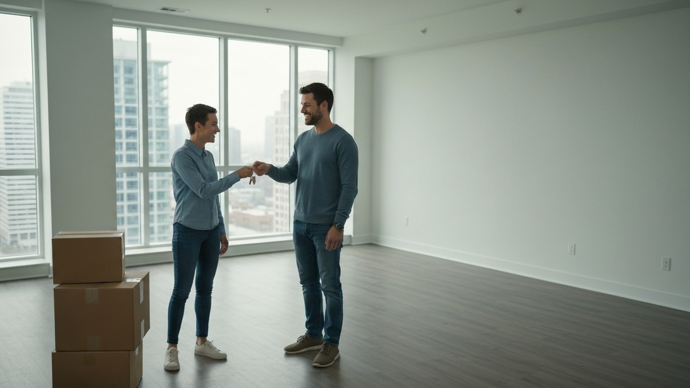 A couple receiving keys in a brand new empty condominium apartment, bright living room with city vie