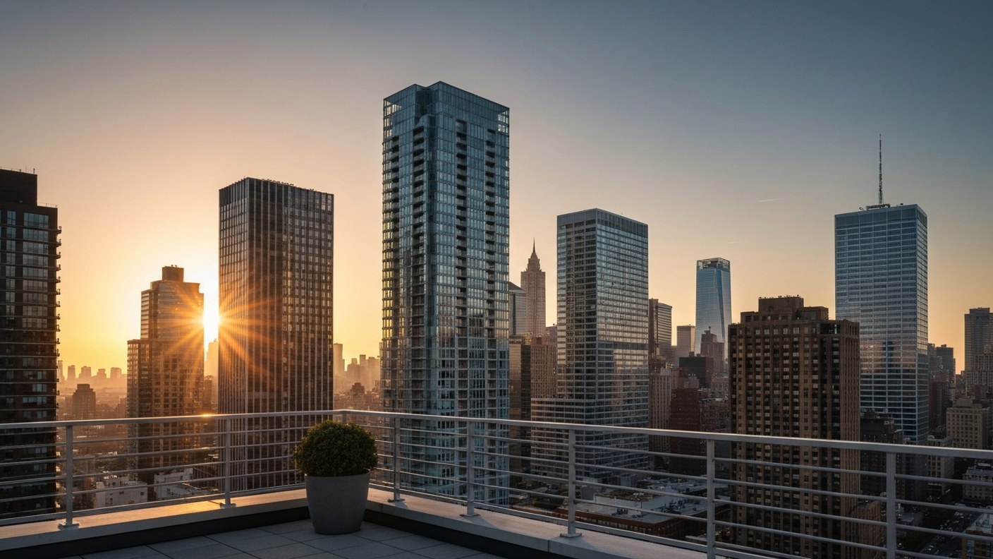 Sunset view of new residential skyscrapers along the Manhattan skyline seen from a rooftop terrace, 
