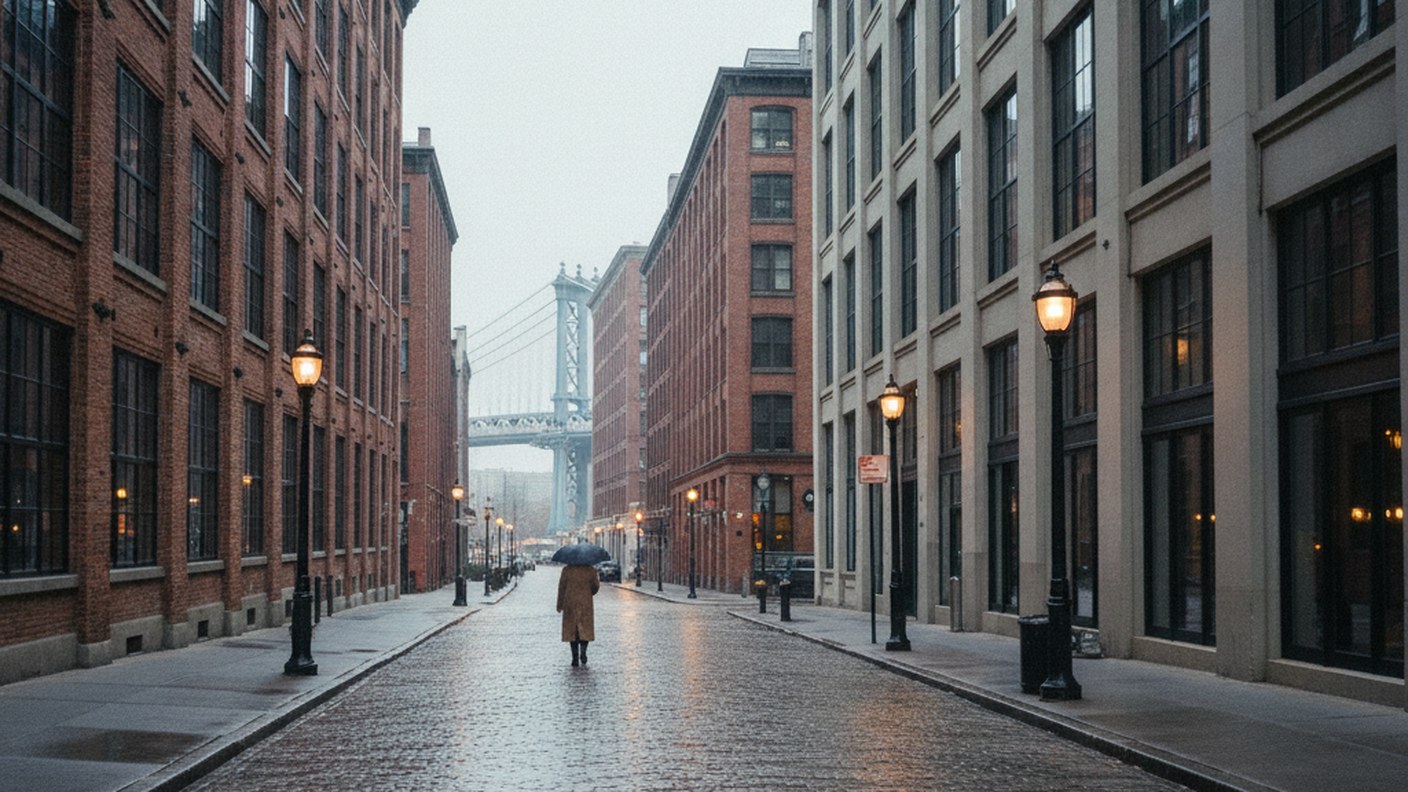 cast iron loft buildings with large windows on cobblestone street, downtown Manhattan