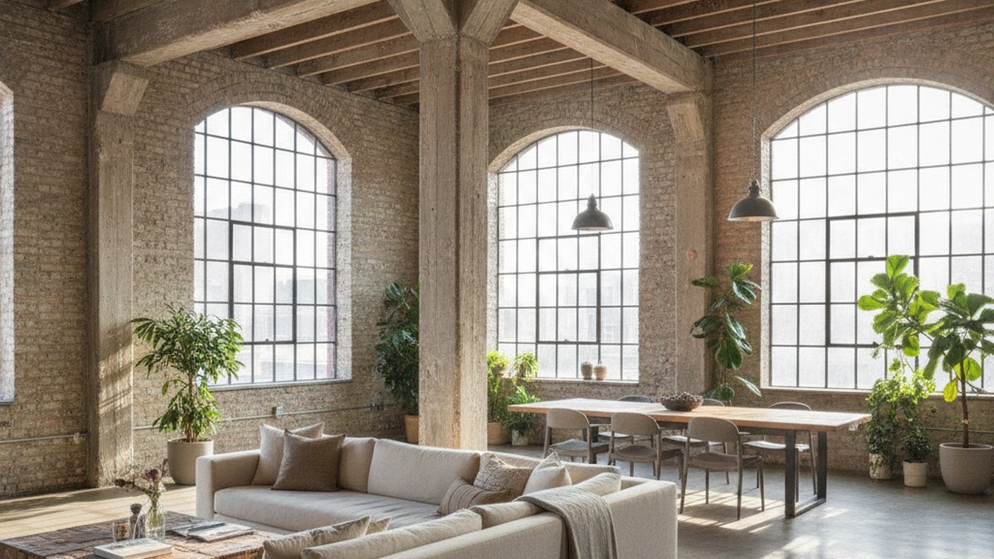 spacious loft interior with tall ceilings columns and oversized windows, natural light