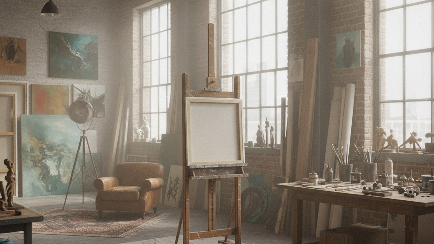artist studio loft with easel and large factory windows, creative workspace