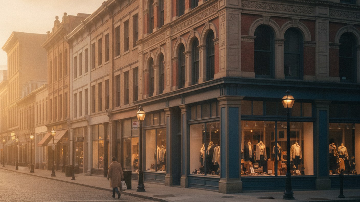 quiet downtown street corner with historic buildings and boutique storefronts, morning