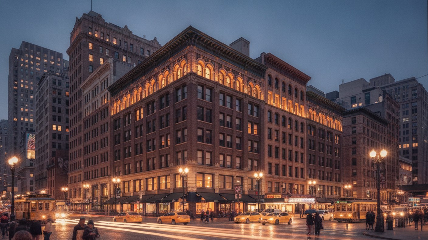 evening view of historic Broadway buildings with warm window lights, downtown atmosphere