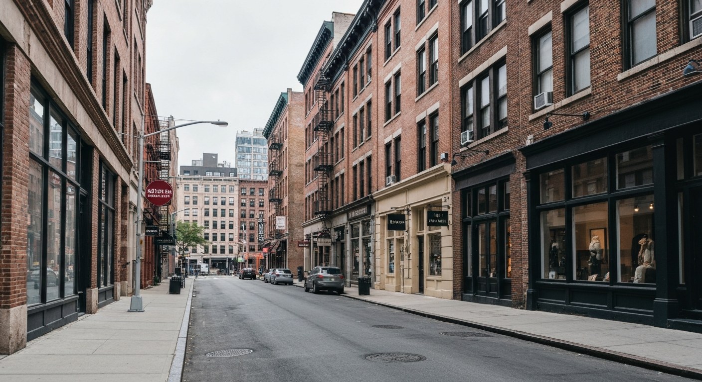 narrow low rise street with boutiques and old brick buildings, downtown New York