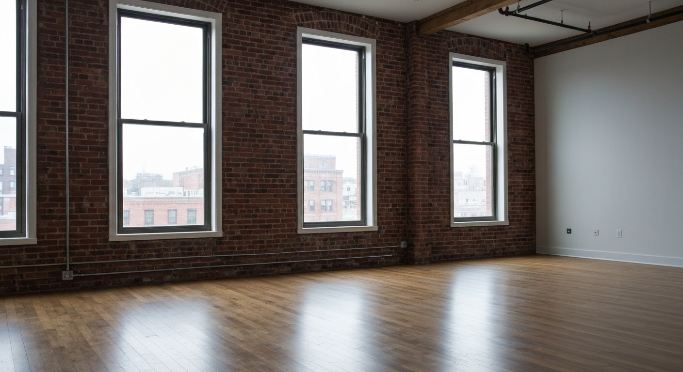 bright renovated apartment interior with exposed brick and tall windows