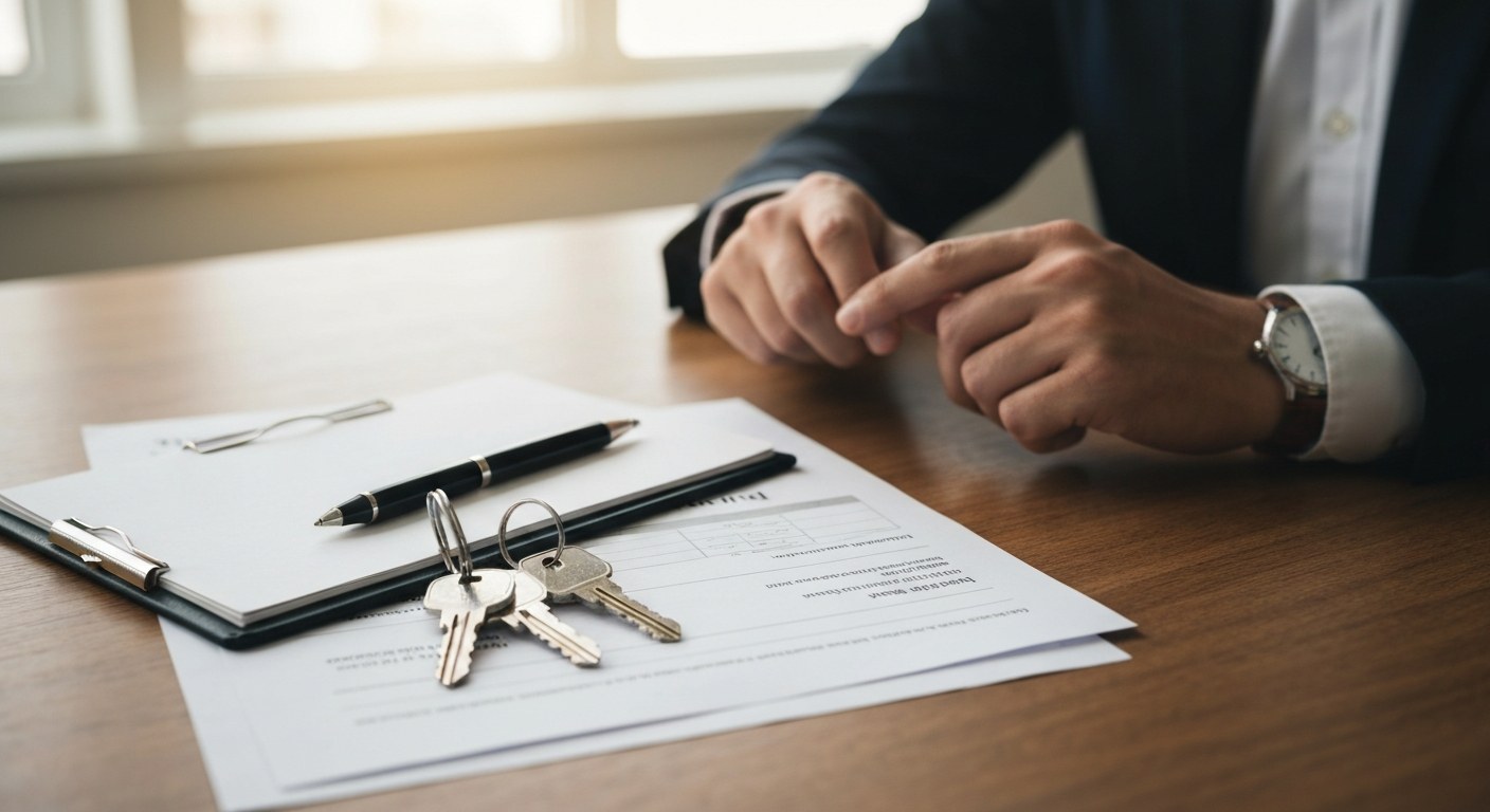 building inspection paperwork and keys on a wooden table, professional setting