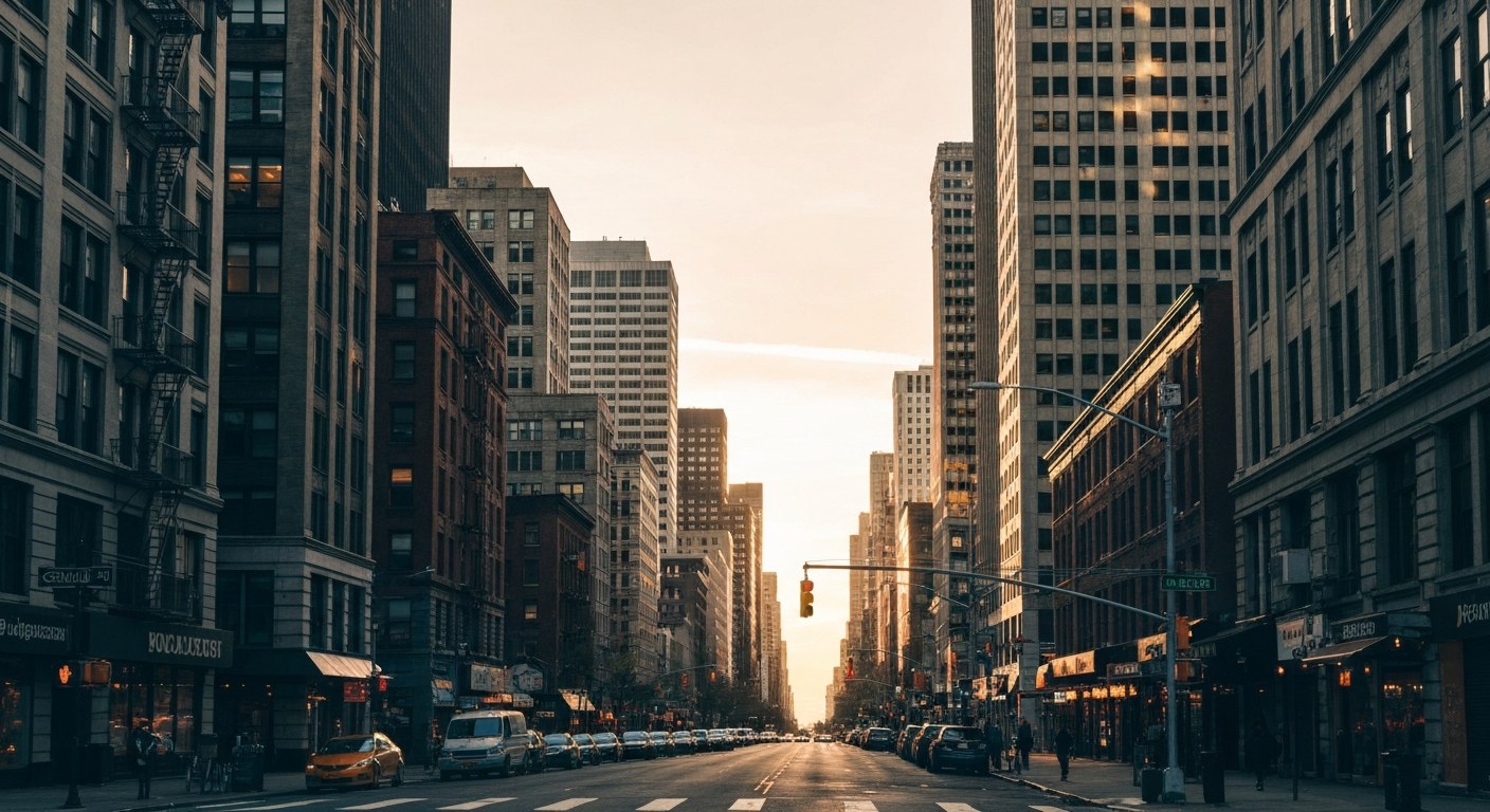 downtown New York low rise streetscape at golden hour with warm shop lights