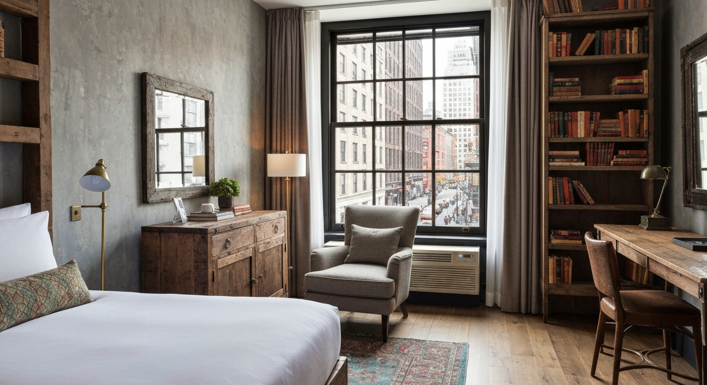 modern apartment interior with balcony overlooking a Manhattan park