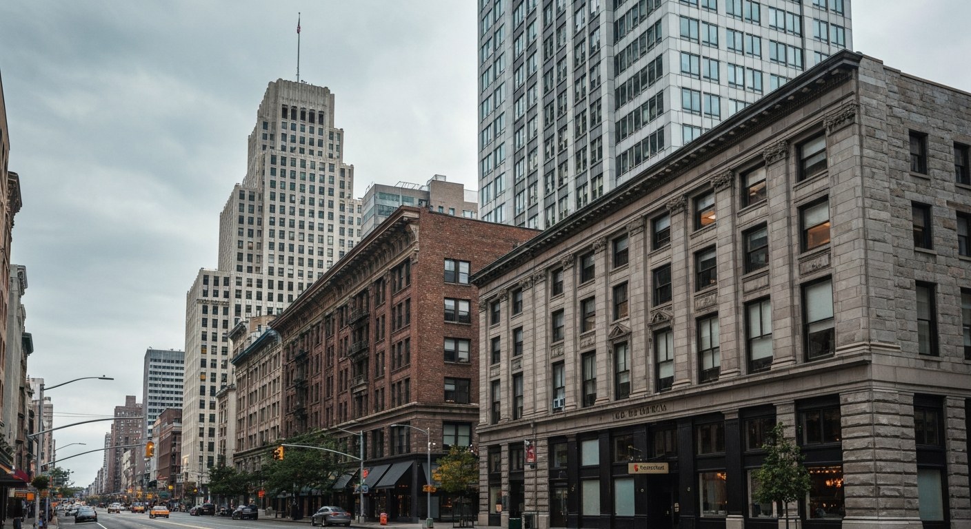 historic stone commercial buildings and a modern tower on Fifth Avenue, New York