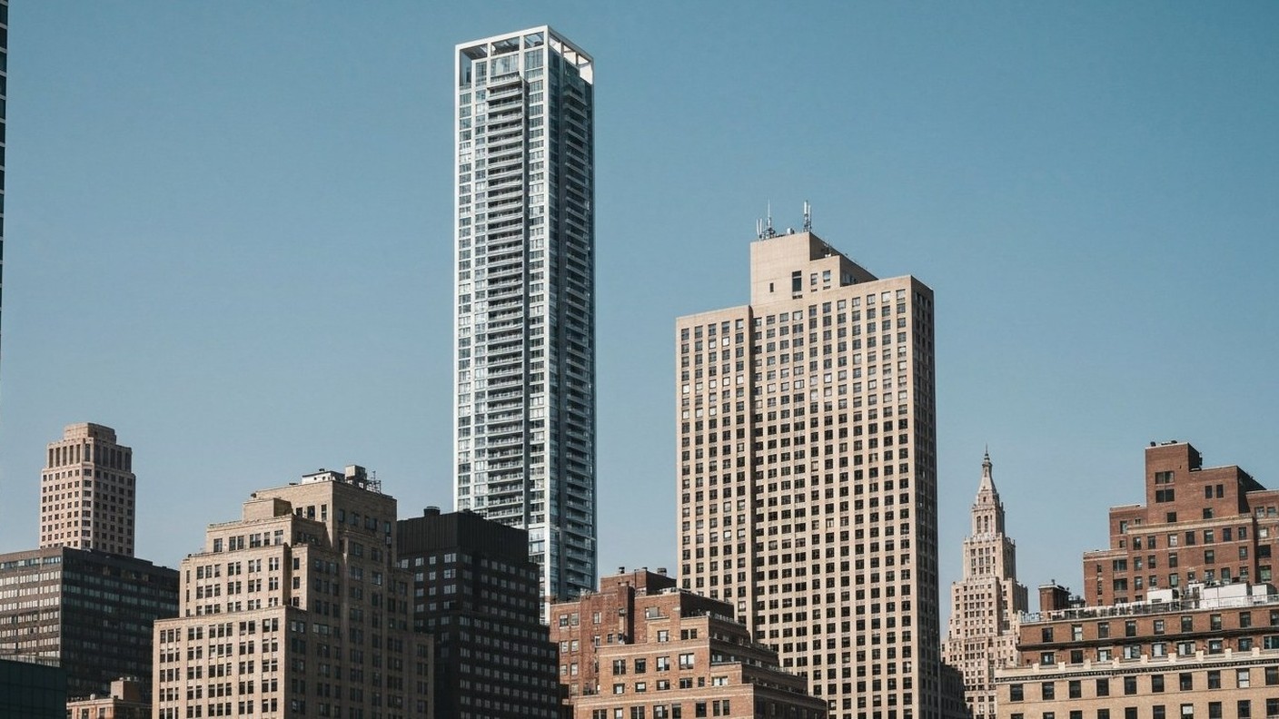 slender modern residential tower rising above older midrise buildings, Manhattan