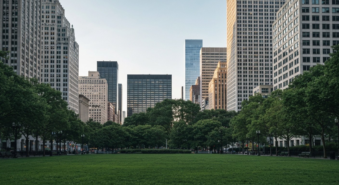 urban park with lawn and trees surrounded by tall buildings, New York, afternoon