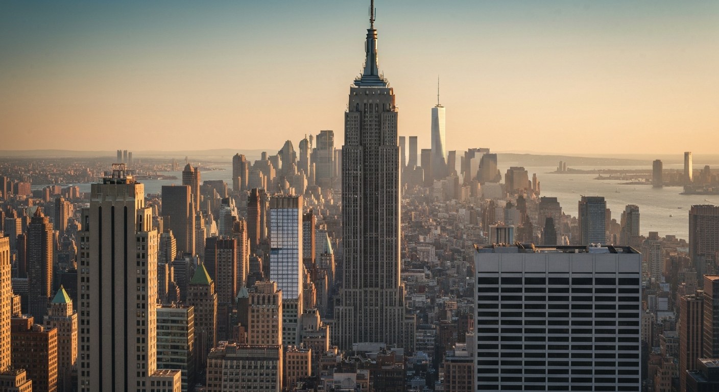 Manhattan skyline with Empire State Building at golden hour