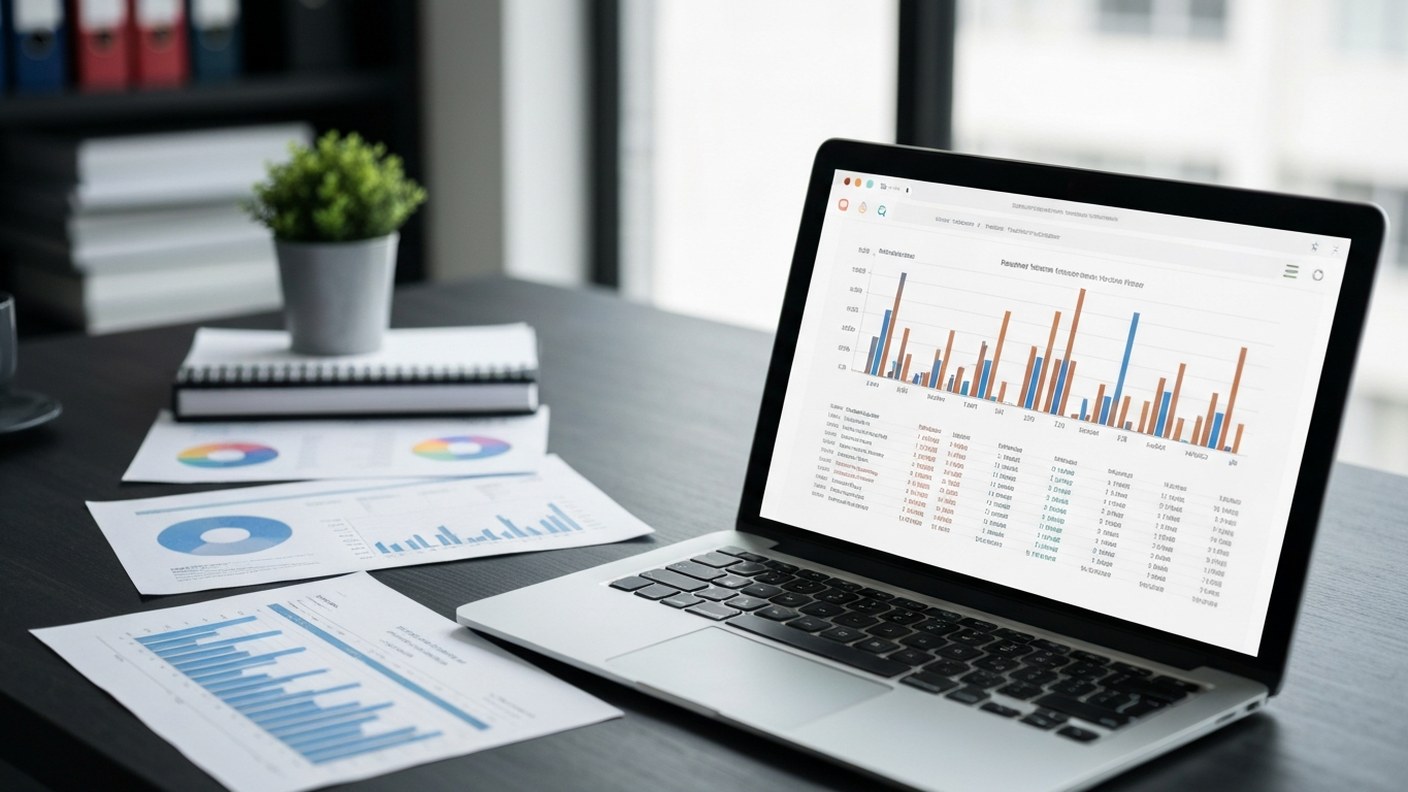 A real estate market data chart displayed on a laptop screen with printed reports beside it, profess