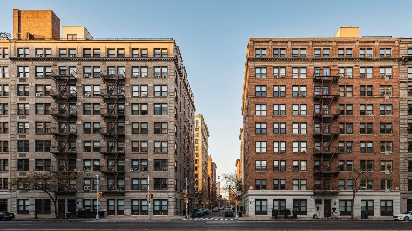 Two similar apartment buildings side by side on a Manhattan street, comparison perspective, clear af