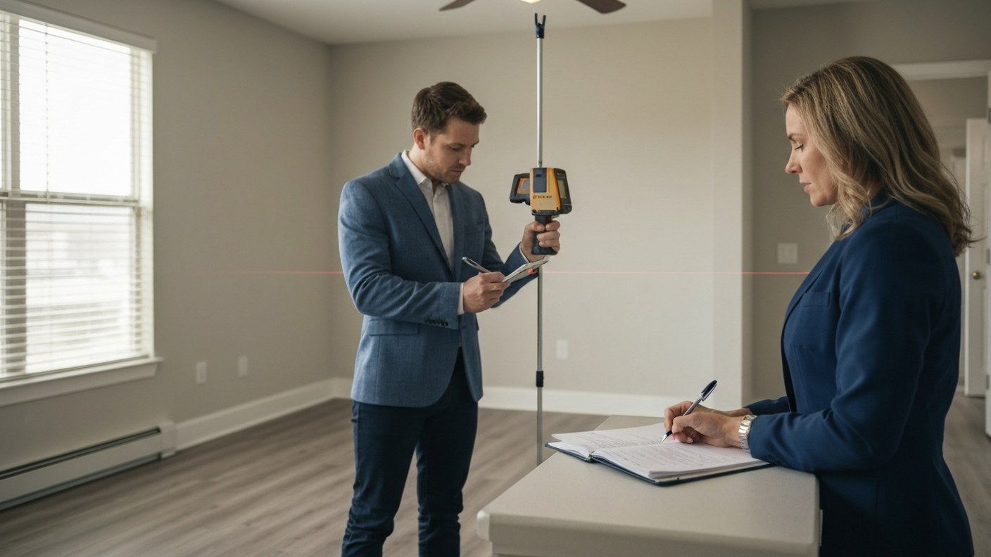 An appraiser measuring a room with a laser tool and taking notes, empty apartment interior, professi