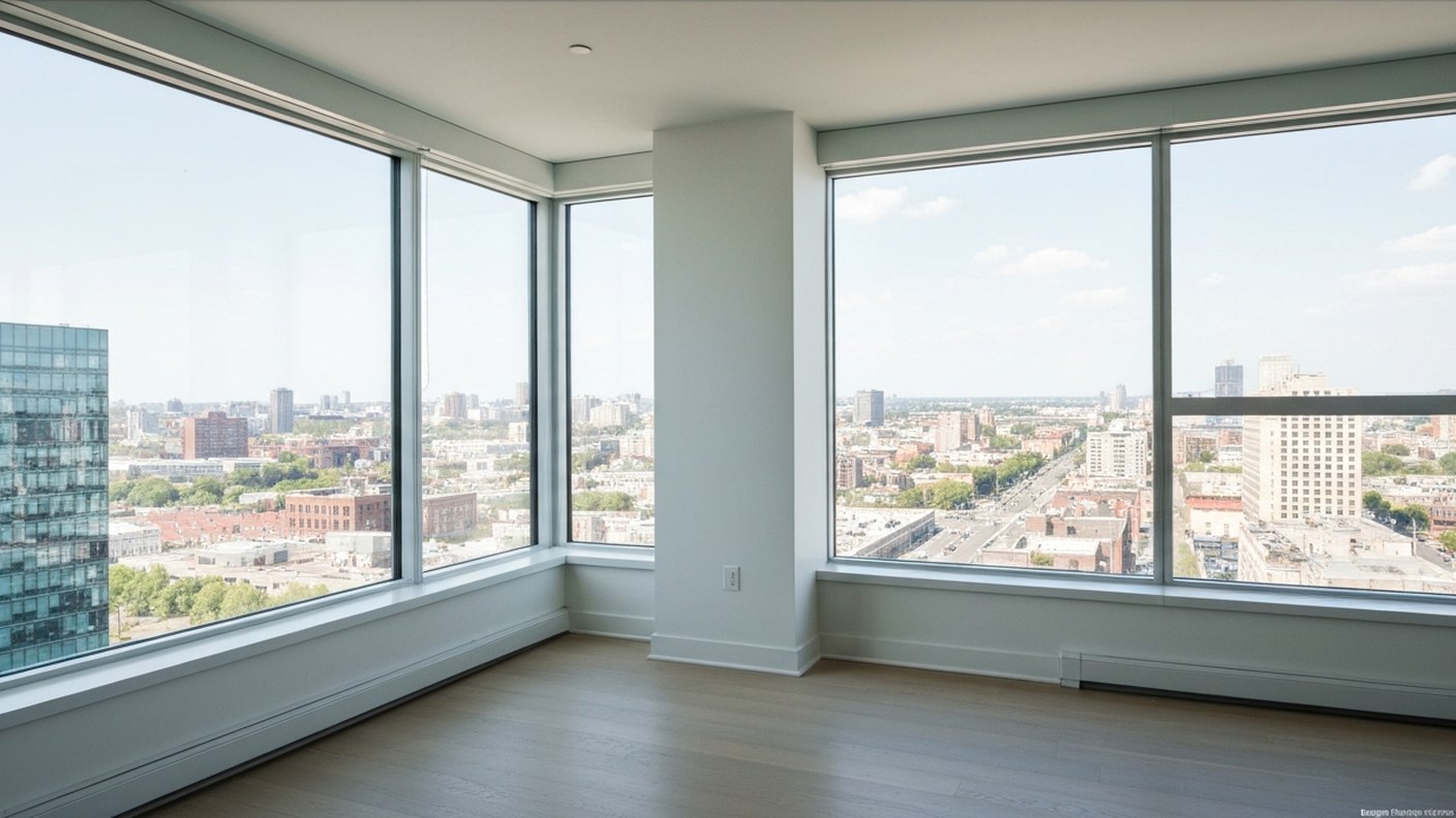 A bright apartment with large windows and open city view, showing light and outlook as value drivers