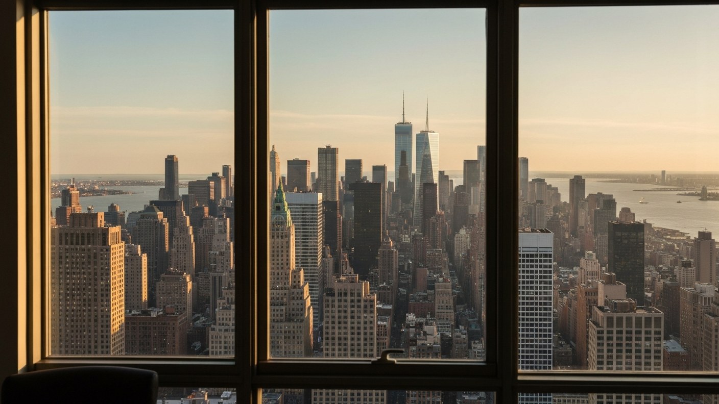 Manhattan skyline at golden hour seen from a high floor apartment window, calm and valuable outlook