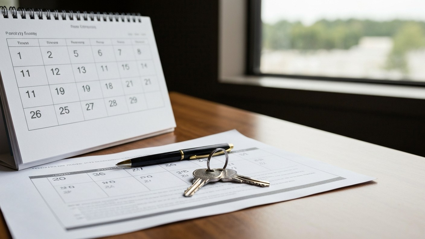 A calendar and property documents on a desk with a pen, keys beside them, morning light through a wi